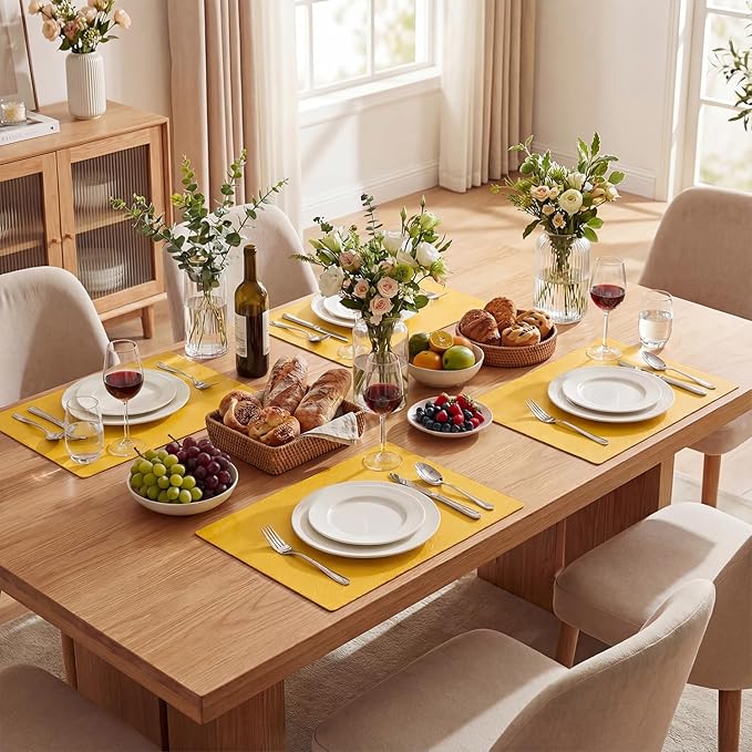Artoid Mode Yellow Faux Leather Placemats Set of 6, 12x18 Inch Waterproof Wipeable Heat Resistant Vinyl Place Mats, Reversible Table Mats for Summer Kitchen Dining Decor