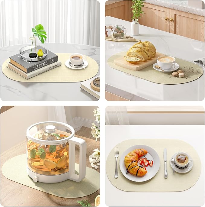 DOLOPL Large Placemats Set of 6, Oval Reversible Wipeable & Non-Slip Place Mats, Modern Faux Leather Table Mats for Kitchen, Neutral Tablemats for Dining Table Decor, Wedding, Party(Beige)
