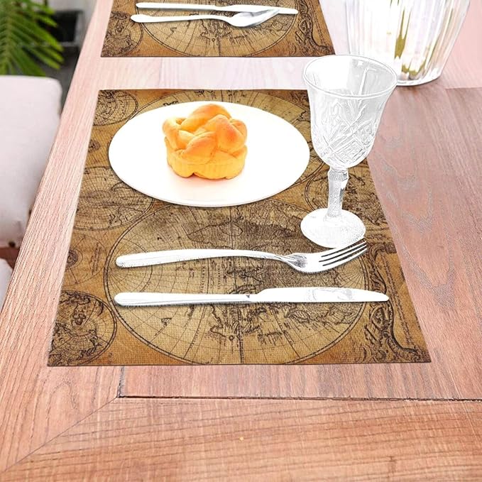 Vintage World Map Placemats Set of 6 Old Paper Retro Style Nostalgic Historical Wipeable Table Mats Reusable Washable PVC Rectangle Place Mats for Kitchen Dining Home Decor 12x18 Inches