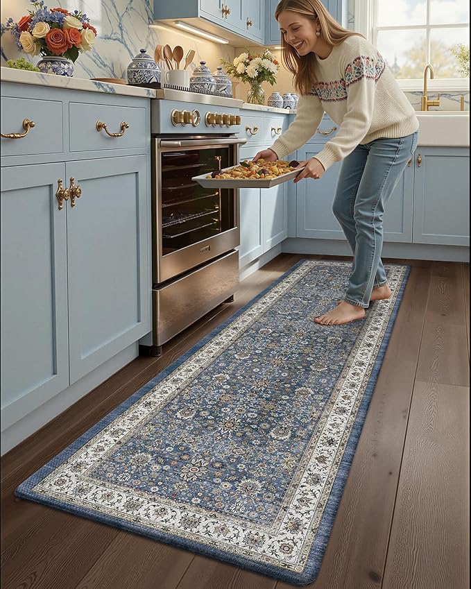 Color&Geometry Anti Fatigue Kitchen Mats for Floor 24x87, Vintage Decor, Easy Clean, Waterproof & Oil Proof, 0.4" Thick Cushioned, Non-Slip Kitchen Runner Rug for Sink, Laundry, Office, Blue