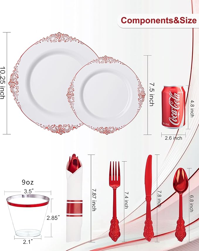 Nervure 175PCS Red Plastic Plates - White Red Plastic Dinnerware Sets for 25 Guests - 50 Red Disposable Plates, 25 Pre Rolled Cutlery Set, 25 Cups Perfect for Wedding, Party