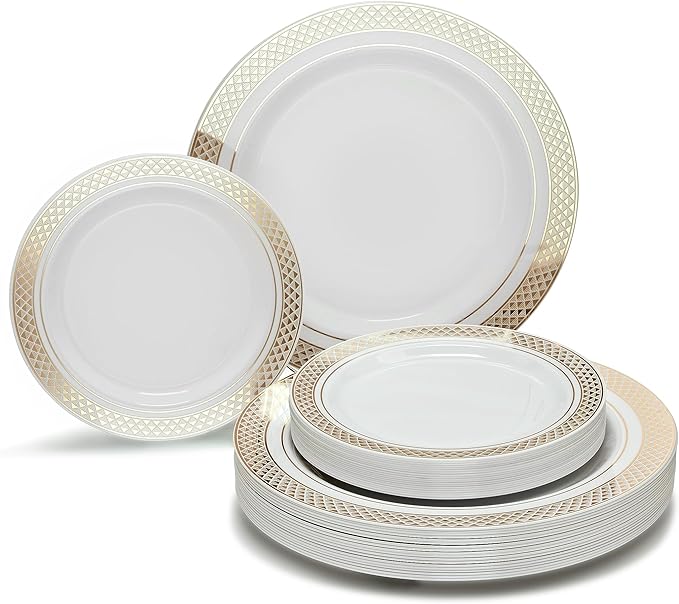 OCCASIONS 120 Plates Pack,(60 Guests) Heavyweight Premium Wedding Party Disposable Plastic Plates Set -60 x 10.5'' Dinner + 60 x 7.5'' Salad/Dessert (Celebration White & Gold)