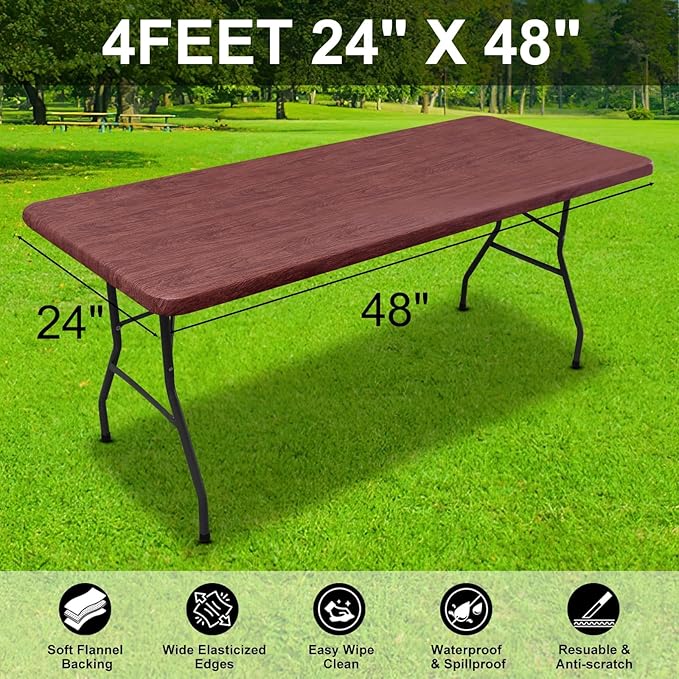 Smiry Rectangle Table Cloth Cover, Waterproof Elastic Fitted Picnic Tablecloth for 4 Foot Tables, Wipeable Flannel Backed Vinyl Tablecloths for Camping, Dining, Outdoor (Reddish Brown, 24" x 48")