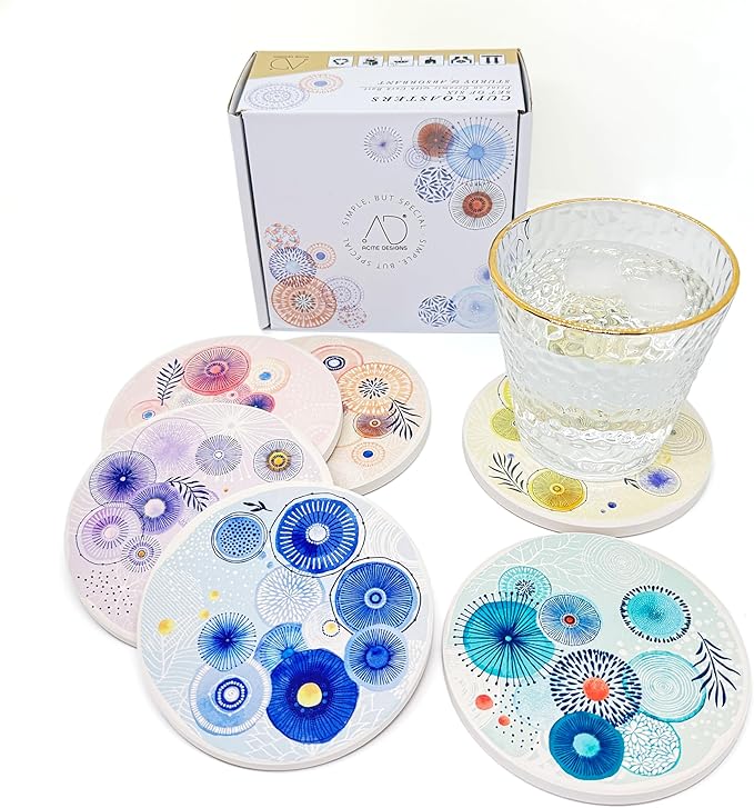 AD Set of 6 Coasters for Drinks Absorbing Round Ceramic Stone Coaster with Cork Base Tabletop Protection Mat for Mugs and Cups,Office,Kitchen (Color Droplets)