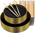 EI 180pcs Black Plastic Plates Black and Gold Disposable Plates Gold Plastic Dinnerware Set Silverware and Cups for Birthday,Wedding,Festival,Party Graduation,Spring Afternoon Tea Business Event