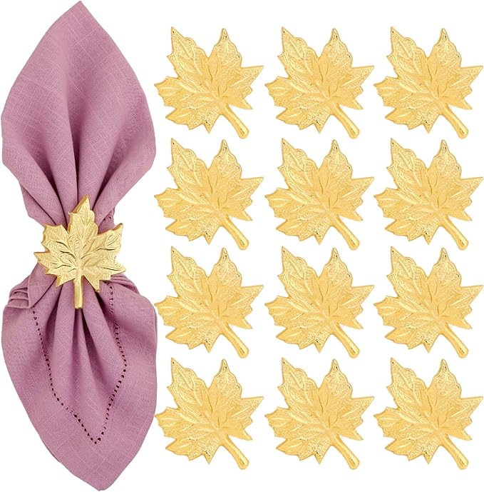 CLEENTABLE Maple Leaf Napkin Rings - Set of 12 Handcrafted Aluminum Napkin Holders for Cloth & Paper Napkins, Elegant Table Décor for Wedding Receptions Thanksgiving Christmas Holiday Parties (Gold)