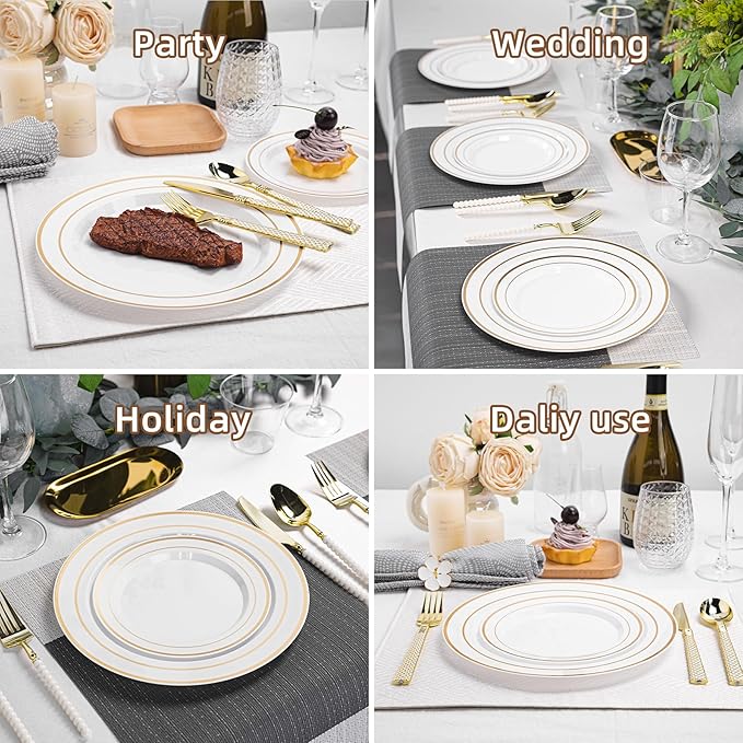 200PCS White Plastic Plates with Gold Rim, Disposable Heavy Duty Plastic Plate, 100 Dinner and 100 Dessert Plates for Party and Wedding