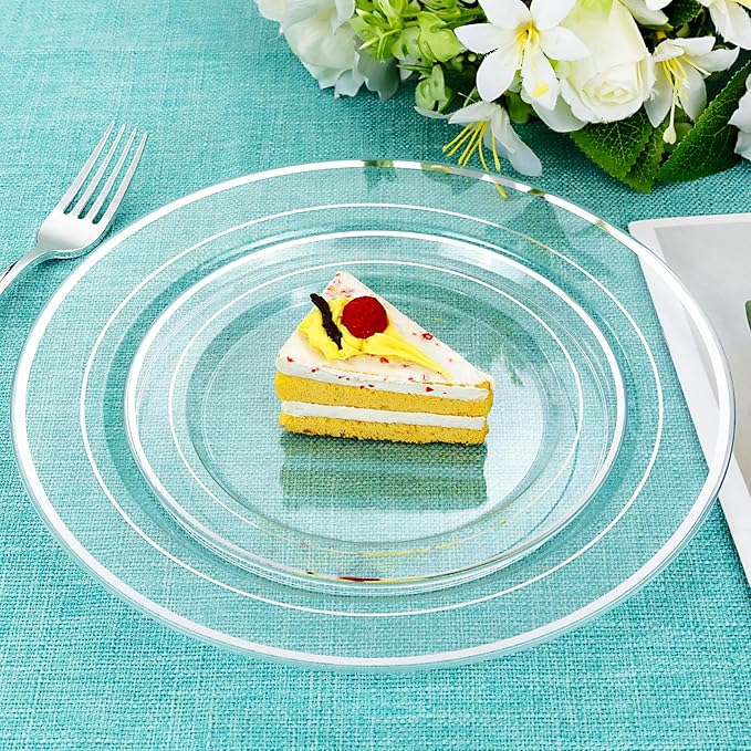 I00000 60PCS Clear and Silver Disposable Plates,Clear Plates with Silver Rim 7 Inch,Heavy Duty Plastic for Wedding Birthdays Party