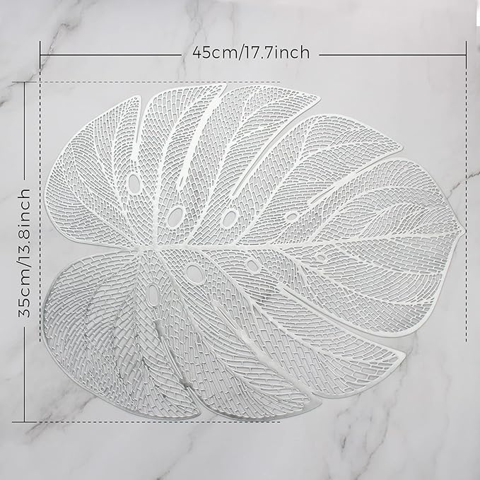 Evevda Silver Leaf Shaped Vinyl Placemats for Dinner Table Set of 6 Metallic Plastic Place Mats Wipeable 6Pcs Table Mats for Wedding Annersary Dinner Table Decoration Mats(17.7x13.8inch/45x35cm)
