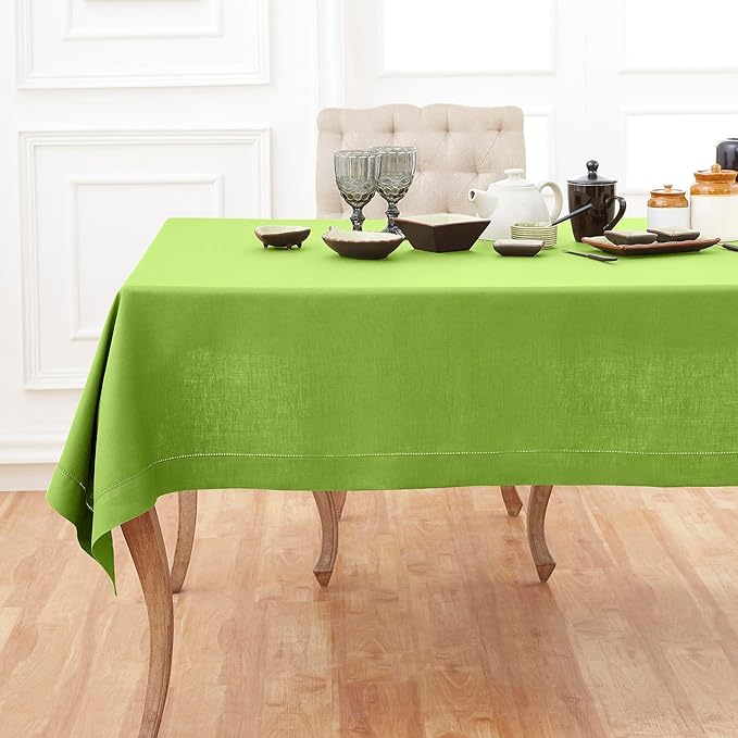 Solino Home Linen Tablecloth for Rectangle Tables 60 x 108 Inch - Classic Hemstitch 100% Pure Linen Lime Green Table Cloth - Machine Washable Cloth Tablecloth for Spring, St Patricks Day, Easter
