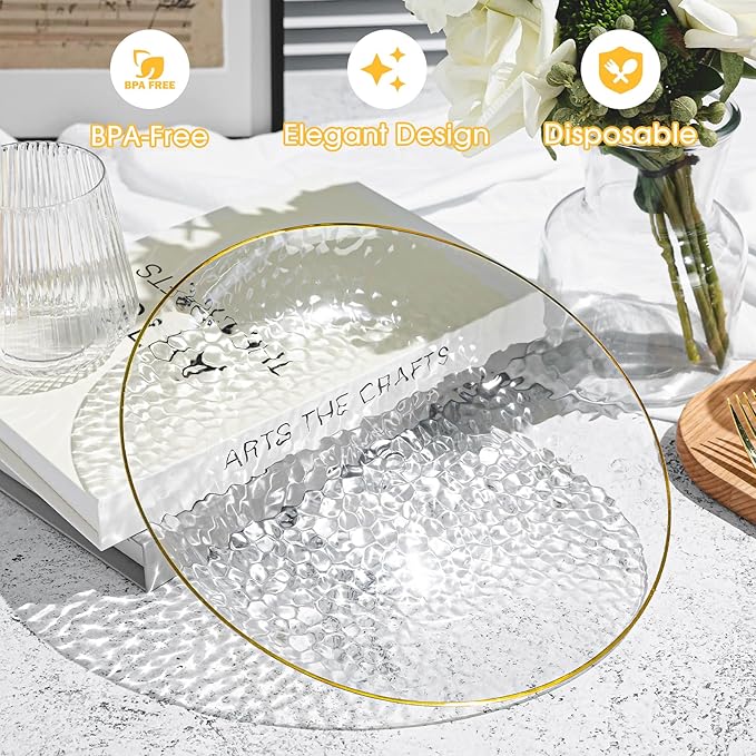 100PCS Clear and Gold Plastic Plates, 10 Inch Disposable Dinner Plates with Gold Rim, Heavy Duty Stone Texture Plastic Plates for Party and Weddings