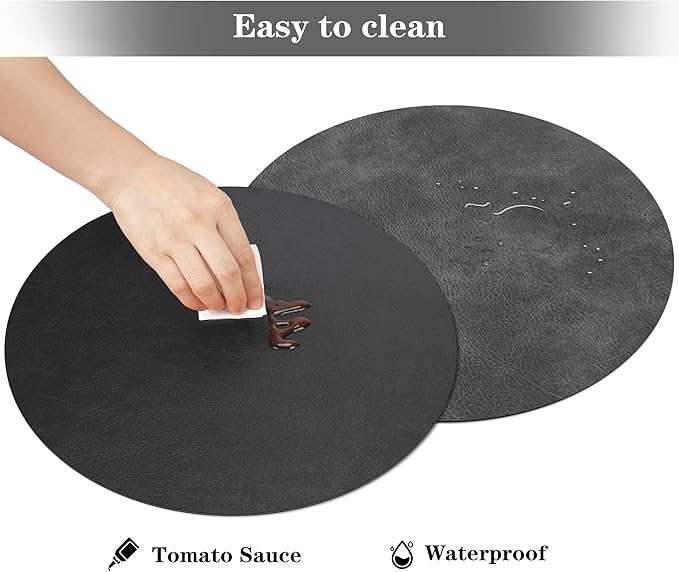 Round Placemats and Coasters Set of 6, Washable Reversible Faux Leather Placemats Cowhide Pattern Place Mats Wipeable Non-Slip 15 inch Round Kitchen Dining Table Mats (Gray Black, 6)