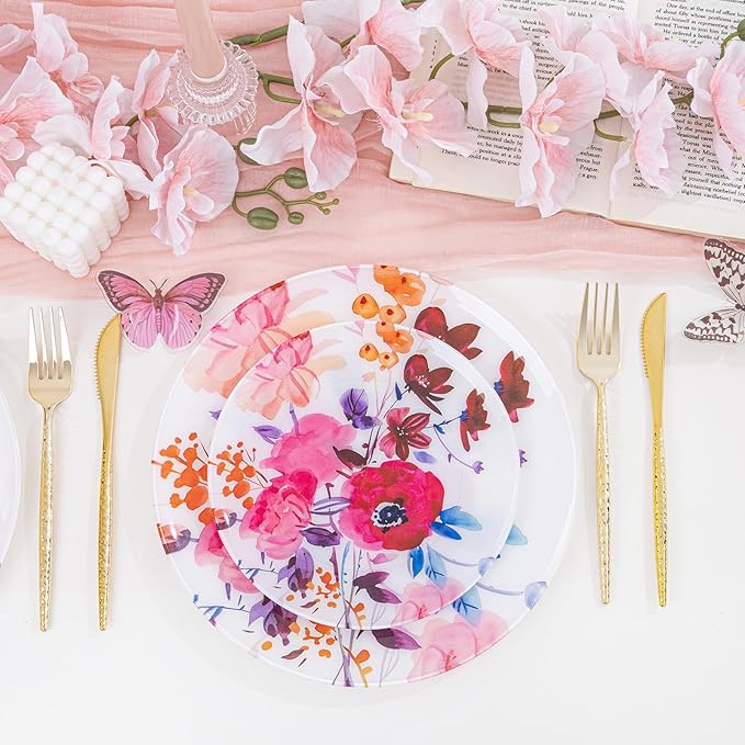 DaYammi 20Pcs Floral Disposable Plastic Plates-Disposable Heavy duty Watercolor Floral Plastic Plates 10.25 inch Dinner plates and 7.5 inch Dessert plates, Disposable Plate for Valentine's Day Party