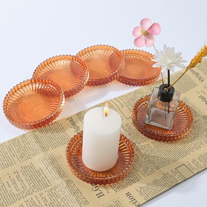 Glass Coaster 6 Pack Round Cup Coasters for Drinks,Crystal Coffee Coaster,Stylish Drink Coasters for Kitchen Bar Dining Room Living Room Office Decor and Jewelry Storage,Amber