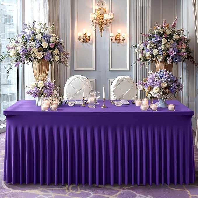 Wish Care 6 Pack Dark Purple Spandex Table Clothes for 8 Foot Rectangle Tables, 8FT Wrinkle Free Fitted Tablecloths Ruffles Design Table Cover for Party, Banquet, Wedding and Events