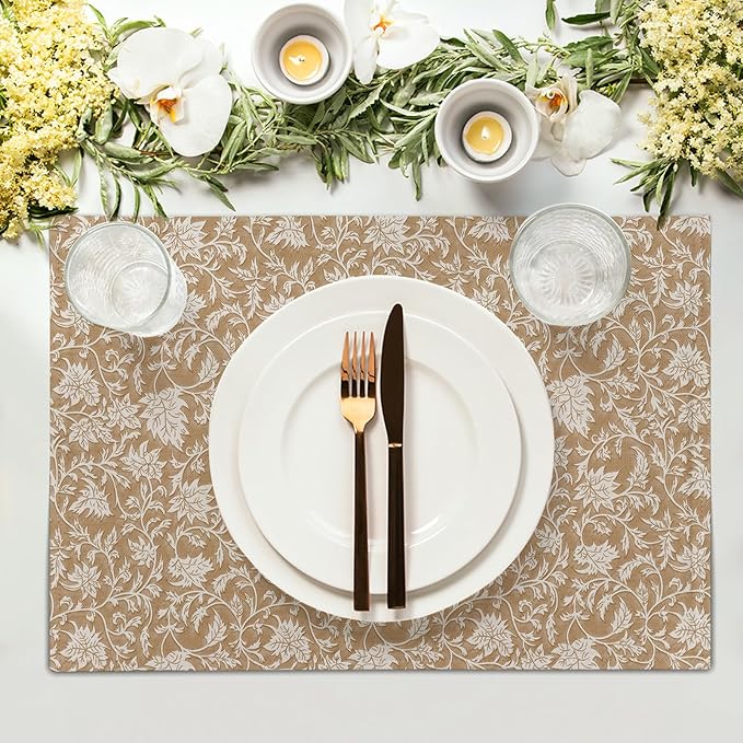 Block Print Placemats - Vintage Floral Place Mats Set of 4 Rustic Brown Beige Tablemats 12x18 for Party Kitchen Dining