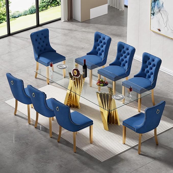 9 Piece Glass Dining Table Set,70" Dinner Room Glass Table Set for 8,Modern Kitchen Dinner Table Set with Stainless Steel Base and 8 Upholstered Velvet Dining Chairs for Living Dining Room