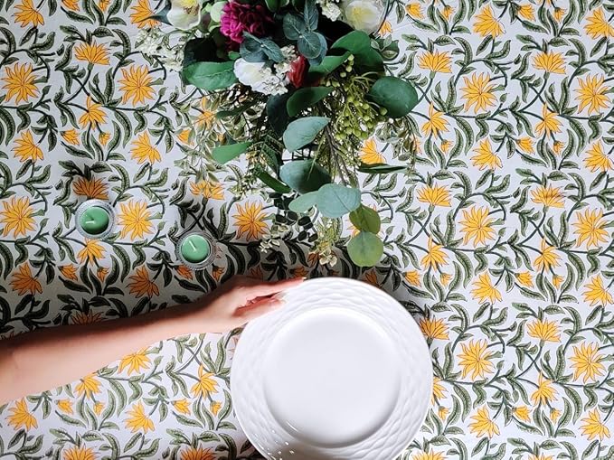 ATOSII Noor 100% Cotton Rectangle Spring Tablecloth, Handblock Floral Print Linen Table Cloth for Kitchen Dining I Parties, Outdoors, Weddings, Easter Holidays I 72 X 120 Inches I 10 Seater