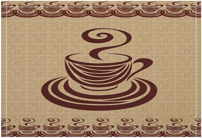 Vintage Coffee Theme Placemat Set, Minimal Rustic Farmhouse Brown Beige Geometric Coffee Cup Beans Seamless Pattern Home Decor Linen Table Mats for Dining Room Kitchen Party (17x12in) x6P