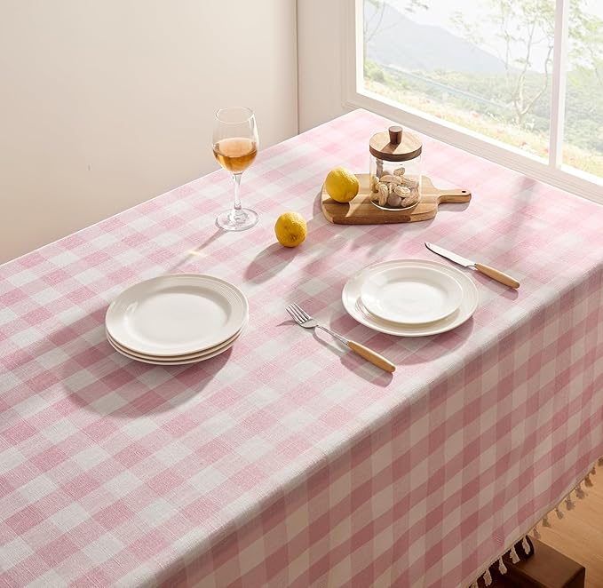 Softalker Valentines Pink Gingham Tablecloth Square, Outdoor Linen Cotton Checkered Table Cloth with Tassel, Heavy Duty Wrinkle Free Plaid Table Cover for Easter Dining Spring Party - 55 x 55 Inch