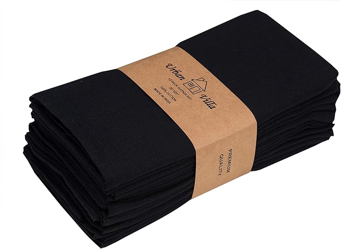Urban Villa Cloth Napkins Set of 12 20x20 Inches 100% Cotton Napkins Cloth Washable Durable Reusable Absorbent Table Dinner Napkins Cloth for Christmas Hotel Lunch Restaurant Weddings Parties - Black