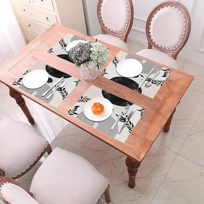 Boho Mid Century Leaf Placemats,Arch Sun Design,Minimalistic Leaves Pattern Luxurious Washable Place Mats 12x18Inch for Dining Kitchen Farmhouse Decor 6 PCS