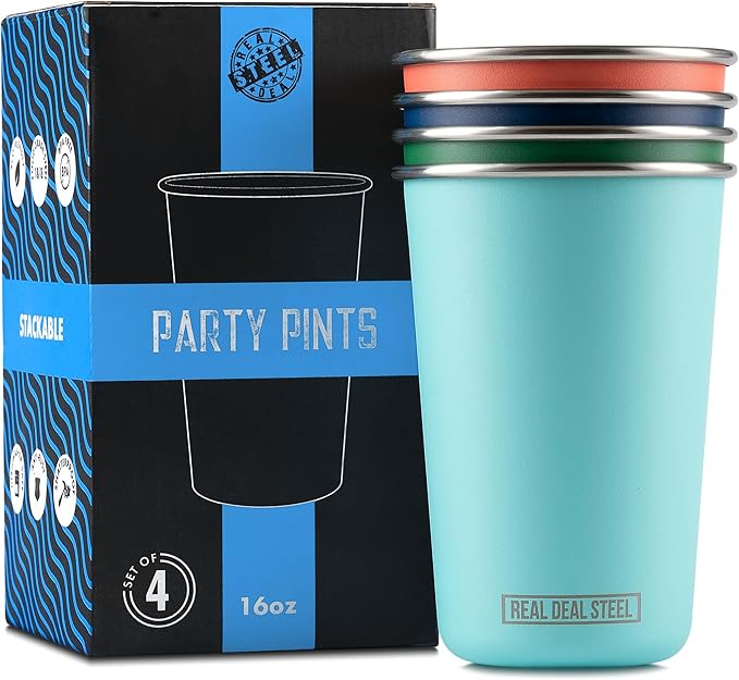 Real Deal Steel Party Pints: 16 oz Pint Cups, Stackable Tumblers, Eco Friendly Premium Metal Drinking Glasses