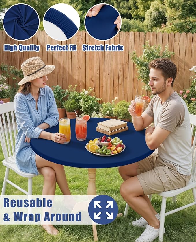 Round Spandex Tablecloth, Elastic Fitted Waterproof Tablecloths for 36"-44" Tables, Stretch Washable Picnic Table Cover for Camping, Dining, Indoor and Outdoor, Navy