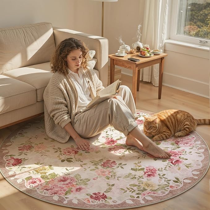 Lahome Floral Round Entryway Rug 4ft,Small Washable Circle Rug for Girls Bedroom Bathroom,Vintage Carpet for Kids Room, Office, College Dorm
