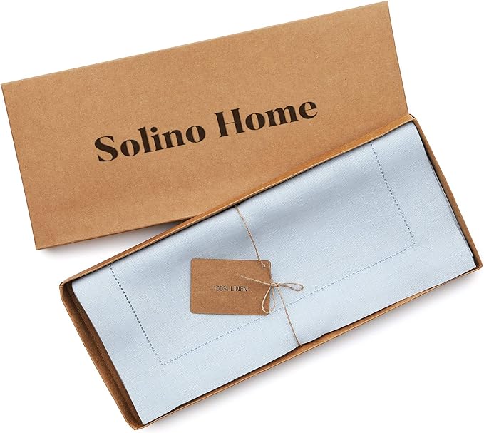 Solino Home Linen Light Blue Table Runner 60 Inches - Classic Hemstitch, 100% Pure Linen Coffee Table Runner 14 x 60 Inch Ideal for Dresser Tables, Spring, Easter
