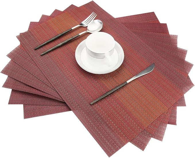 Placemats Washable Easy to Clean PVC Placemat for Kitchen Table Heat-resistand Cross Weave Vinyl Round Table Mats 12x18 inches Set of 6 （Red）