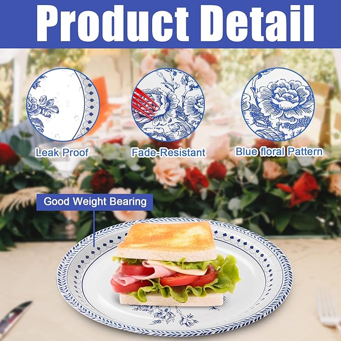 50Pcs Blue Floral Oval Plates 10"x 12", Large Disposable Paper Plates, Heavy Duty Flower Plate Tableware for Family Gathering, Dinner Time, Birthday, Wedding, Holiday Party Supplies