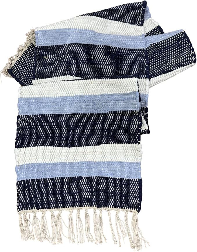 Perilla Home Chindi Table Runner Boho with Tassels 72 Inches Long Linen Cotton - Braided Rustic Farmhouse Fall Kitchen Dining Table Decoration for Party Wedding (Dark Blue Sky Blue & White)