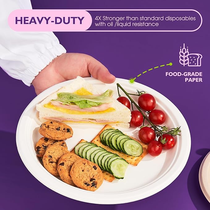 Compostable Paper Plates 9 Inch 125 Pack, Biodegradable Disposable Plates Heavy Duty White Plates, Made of Natural Sugarcane Bagasse, Unbleached Round Dinner Plates