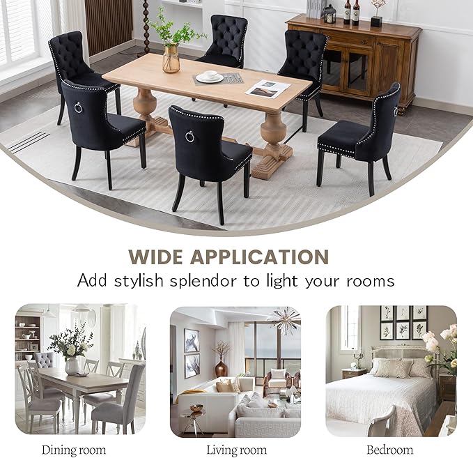 KCC Velvet Dining Chairs Set of 4, Upholstered High-end Tufted Dining Room Chair with Nailhead Back Ring Pull Trim Solid Wood Legs, Nikki Collection Modern Style for Kitchen, Black