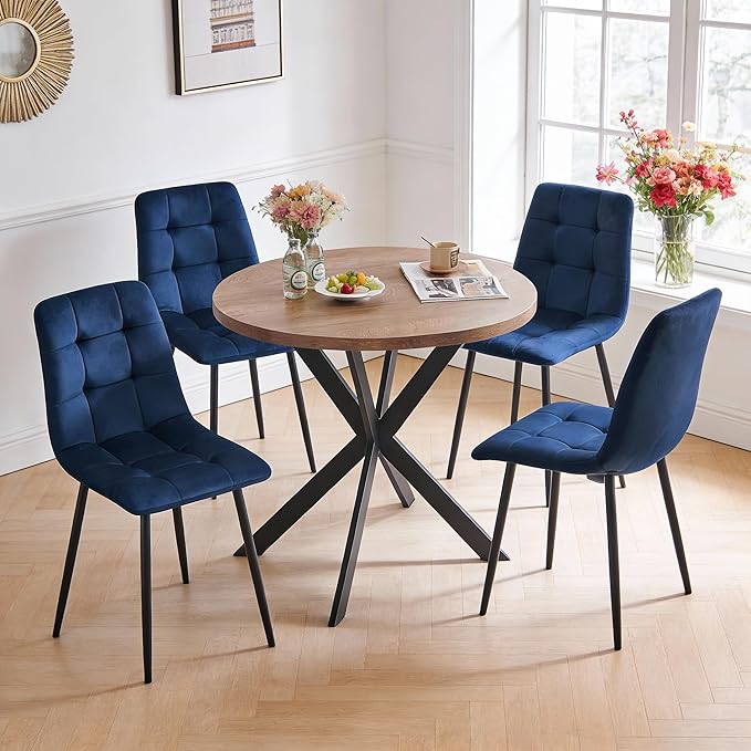 5-Piece Round Dining Table Set - Kitchen Table Chairs Set of 4 with Blue Velvet Upholstered Chairs -Dining Table Set for 4