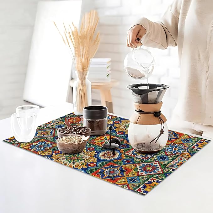 Mexican Tile Placemats Set of 6,Geometric Floral Table Mates Non-Slip Heat Resistant Washable Linen Place Mats for Party Kitchen Dining Decoration Indoor Outdoor 12"x18"