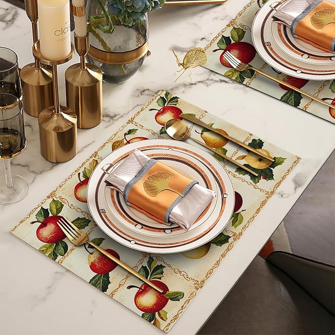 Apple Pear Placemats Set of 6, Retro Fruit Place Mats, Fruits Waterproof Washable Table Mats for Home Party Indoor Kitchen Dining Table Decoration 12x18 Inch