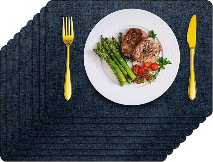 Placemats Set of 8 Washable, Heat Resistant Table Placemats Wipeable Faux Leather Place Mats Non Slip, Waterproof Square Table Mats for Indoor Outdoor, Dark Blue