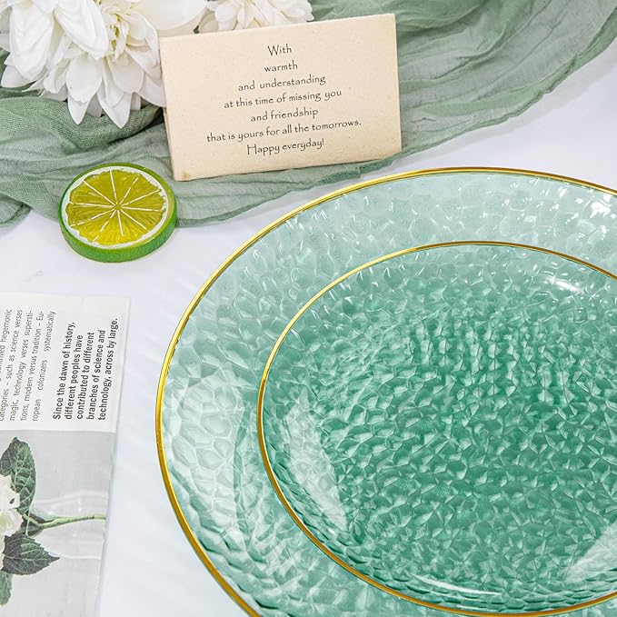 Rubtlamp 175 Pcs Green Plastic Plates Dinnerware Set (25 Guests), Hammered Plates Sets, Green Plastic Party Plates Set include 50 Disposable Plates Set, 75 Gold Plastic Silverware, 25 Cups 25 Napkins