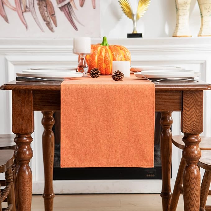 Orange Table Runner 13 x 36 Inches Long, Cotton Linen Farmhouse Style Fall Dresser Scarf for Kitchen Dining Coffee Table Parties Wedding Home Decor (13” x 36”, Orange)