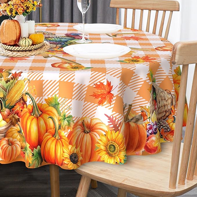 Thanksgiving Tablecloth Round 70 Inch, Turkey Pumpkins Table Cloth Holiday Indoor Decor for Dining Room Party