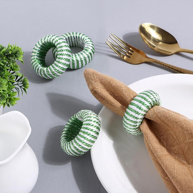 Napkin Rings Set of 12 - Rayon Napkin Holders for Dining, Anniversary, Birthday, Christmas | Napkin Rings for Home and Kitchen Décor | Adornment for Table Settings(Green White) - ALPHA Living HOME