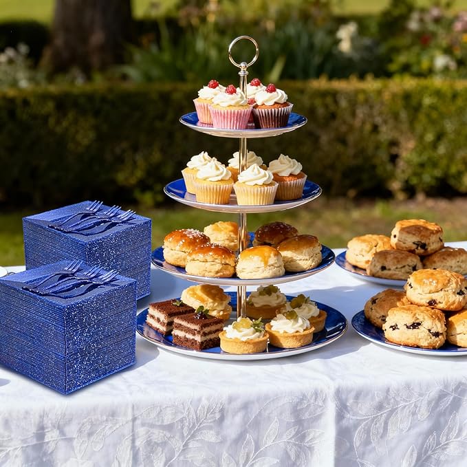 DaYammi 100Pcs Blue Dessert Plates 6" with Forks 5.7"- Small Disposable Dessert Plates- Serve 50 Guests include 50 Cake plates,50 Plastic Forks for Party,Disposable Appetizer plates for Wedding