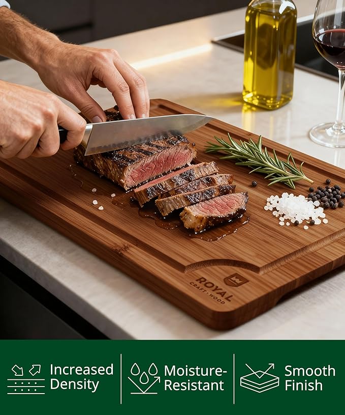 ROYAL CRAFT WOOD Wooden Cutting Boards for Kitchen Meal Prep & Serving - Bamboo Wood Serving Board Set with Deep Juice Groove Side Handles - Charcuterie & Chopping Butcher Block for Meat (3 Pcs)