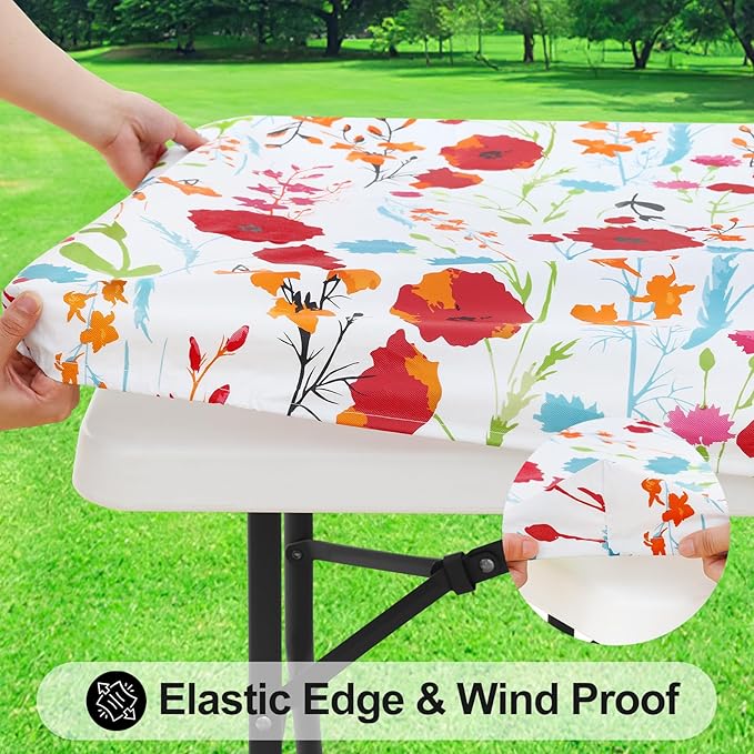 Smiry Rectangle Table Cloth Cover, Waterproof Elastic Fitted Picnic Tablecloth for 8 Foot Tables, Wipeable Flannel Backed Vinyl Tablecloths for Camping, Dining, Outdoor (Off White, 30" x 96")