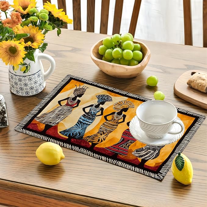 Kwanzaa Placemats Set of 4, African American Christmas Table Mats, Black Women Washable Place Mats for Coffee Bar Home Party Indoor Kitchen Dining Table Decoration 12x18 Inch