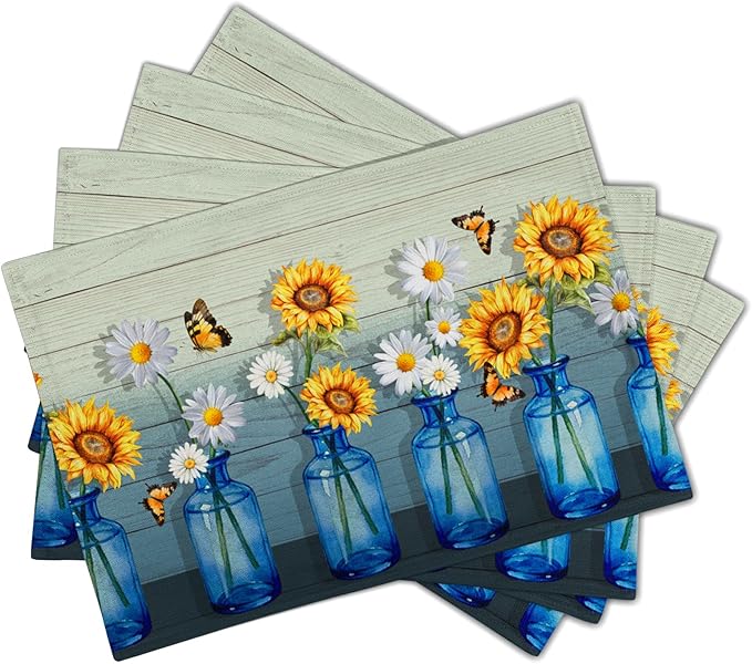 Vintage Floral Placemats Set of 4 - Spring Summer Place Mats 12x18 Sunflower Table Mats Farmhouse Kitchen Mats for Party Dining Table