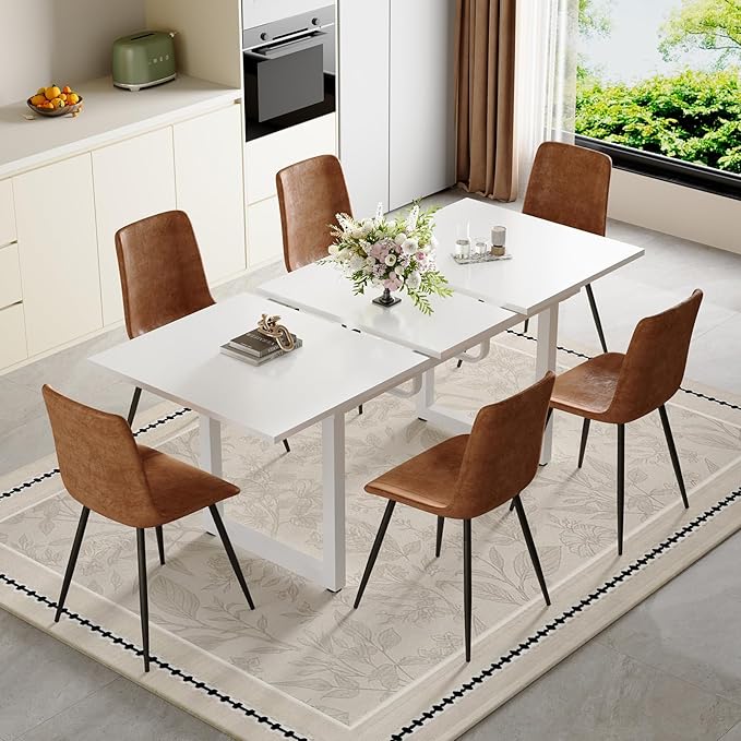 Extendable Dining Table Set for 6, 55"–71" Modern White Kitchen Table with 6 Upholstered Chairs, Space-Saving for Living Room Apartment, Sturdy & Comfortable, Easy Assembly