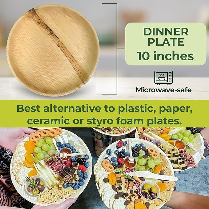 Dtocs Palm Leaf Plates 10 Inch Round (50) | Bamboo Plates Disposable Like Compostable Dinnerware Set for Party, Dinner, Serving Platters, Charcuterie Boards | Alternate to Plastic, Wood, Paper Plate